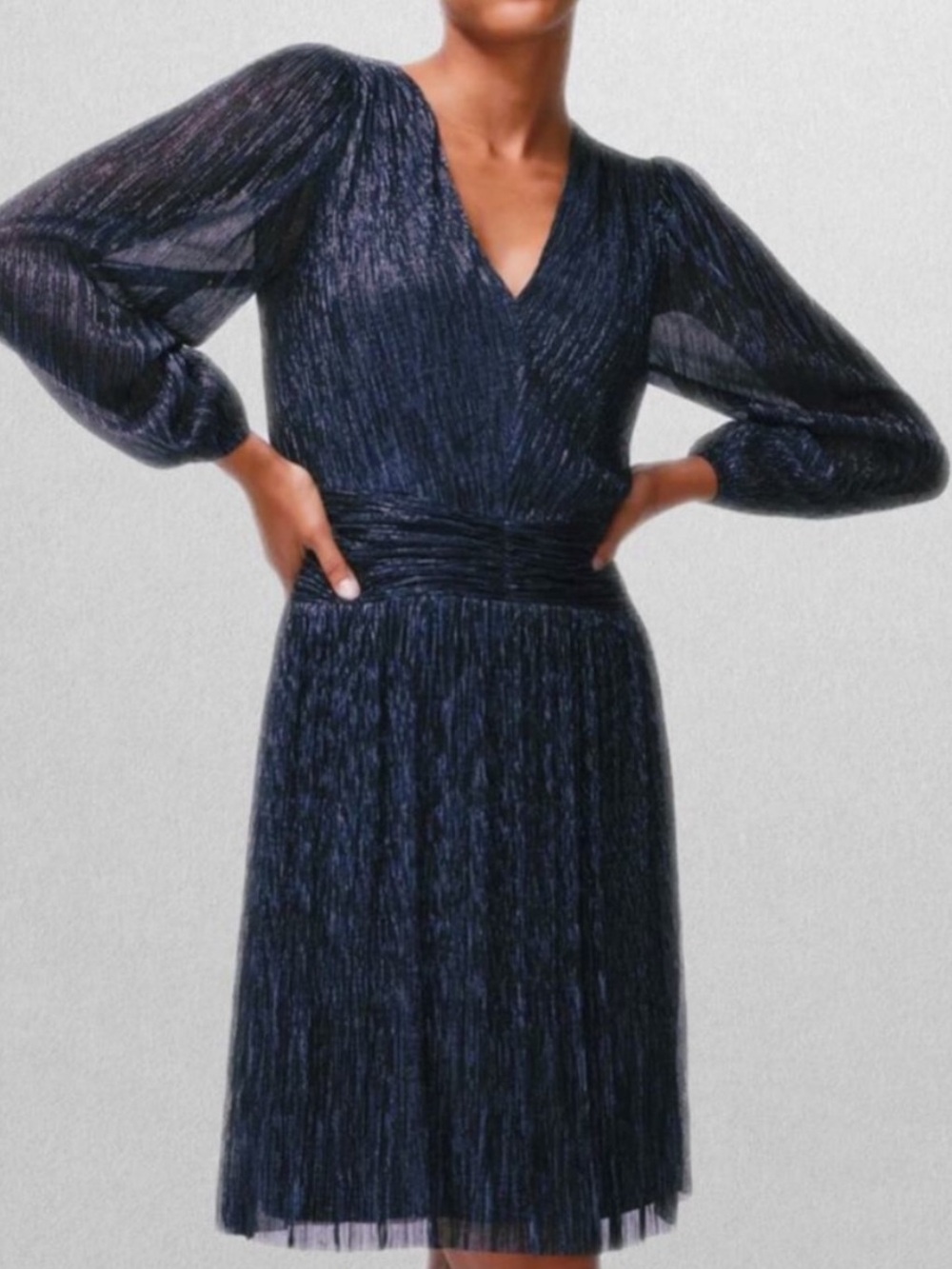 White House Black Market Shimmery Navy Long-Sleeve V-Neck Dress